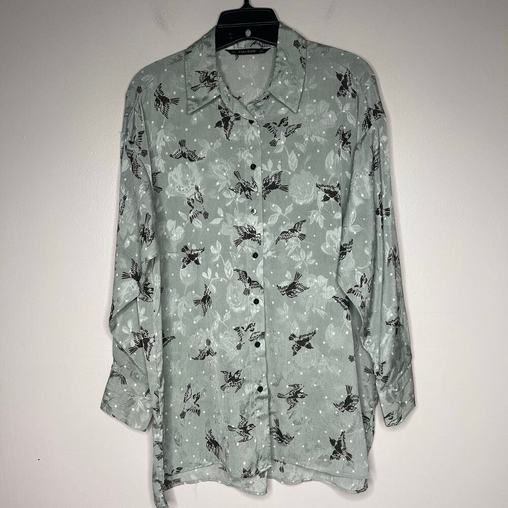 Zara Women's All Over Bird Print Sheer Button Up Sage Green Polka Dot Size L